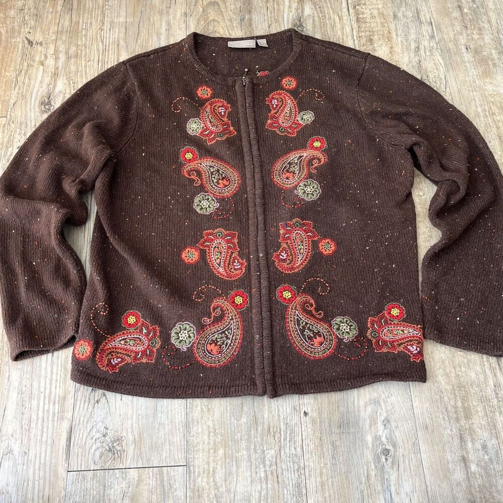 Vintage Cardigan Women's Large Paisely Embroidered Brown Orange Croft & Barrow